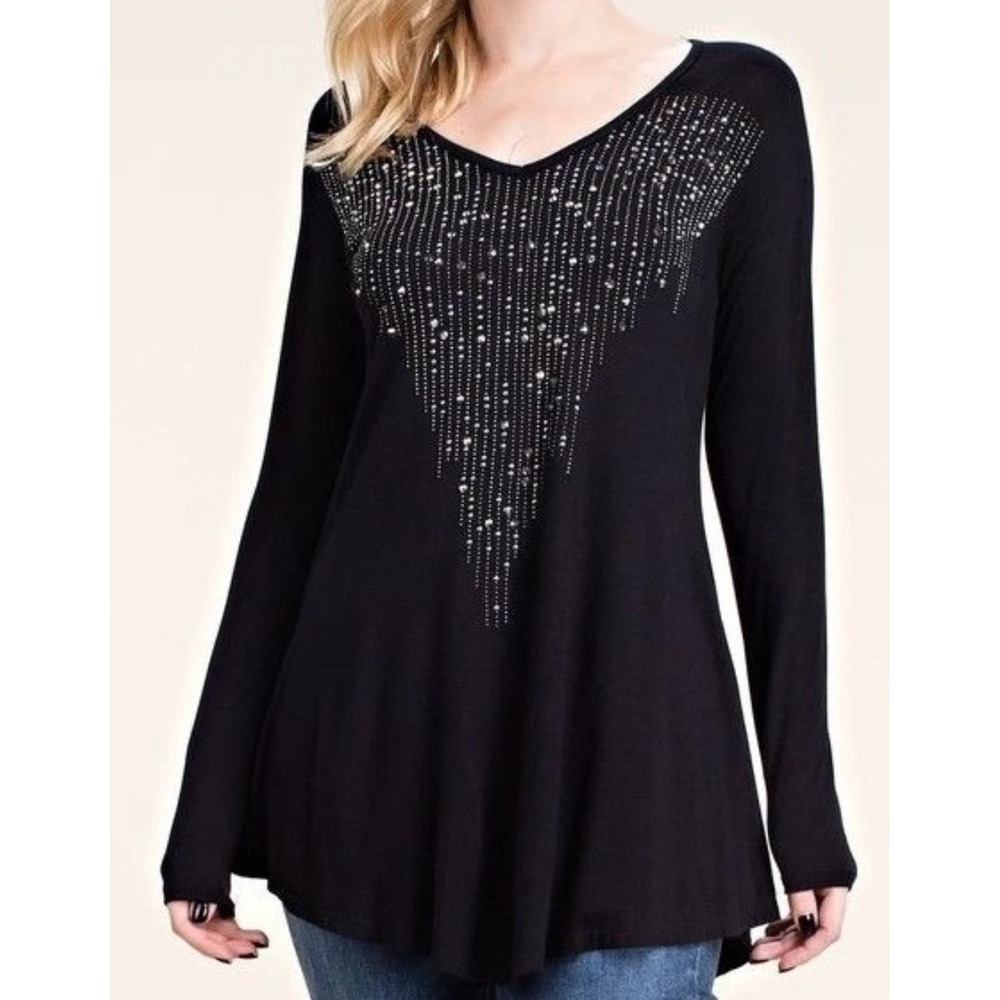 Vocal Bling Shirt Womens Size S Western‎ Rhinestones Bling Biker Black Tunic USA
